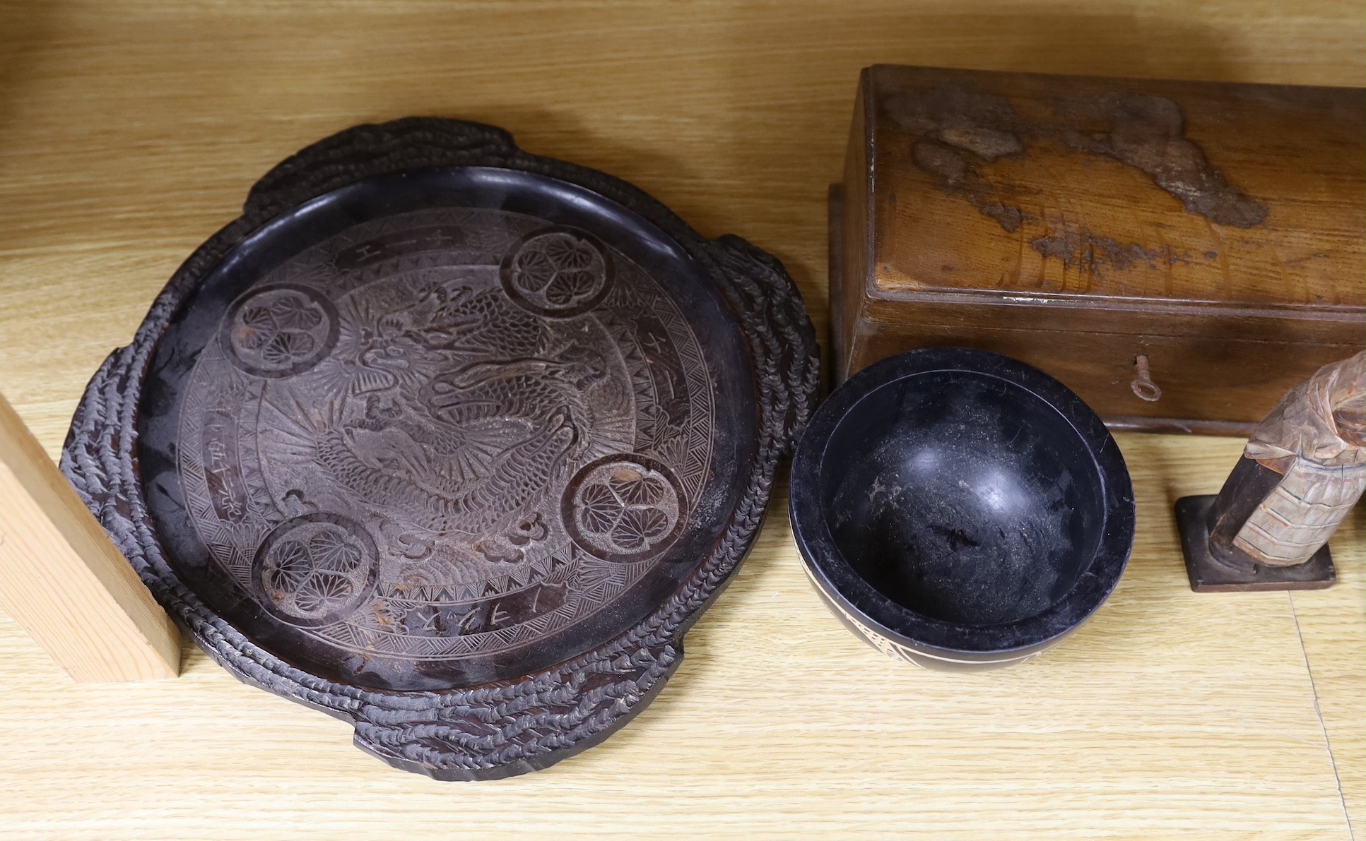 A Chinese carved wood circular tray, an oak dome-topped box and three other items